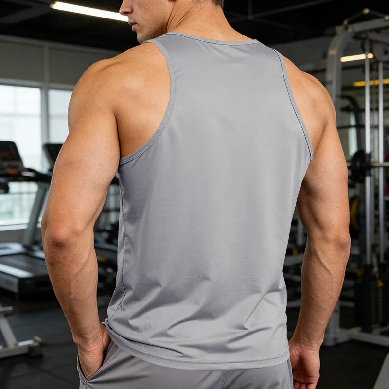 Men's Gym Sports Tank Top Muscle Aesthetic Dry Fast Workwear Polyester Fiber Summer Sport Fit Style Solid Color round Neck
