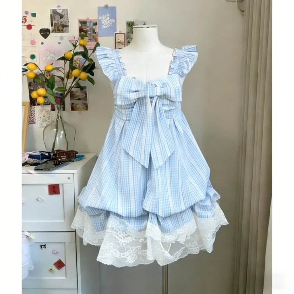 Harajuku Sleeveless Patchwork Vintage Dress Chic 2026 Woman Japanese Sweet Lace Flower Y2k Aesthetic Bandage Grunge Dresses