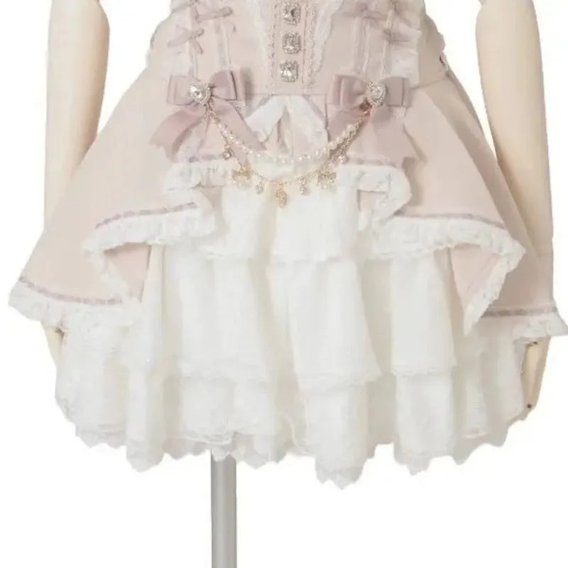 Sweet Kawaii Gothic Lolita Skirt Women Lace Ruffle High Waist Tiered Skirt with Bow Pearl Chain Decor Cute A-line Mini Skirt