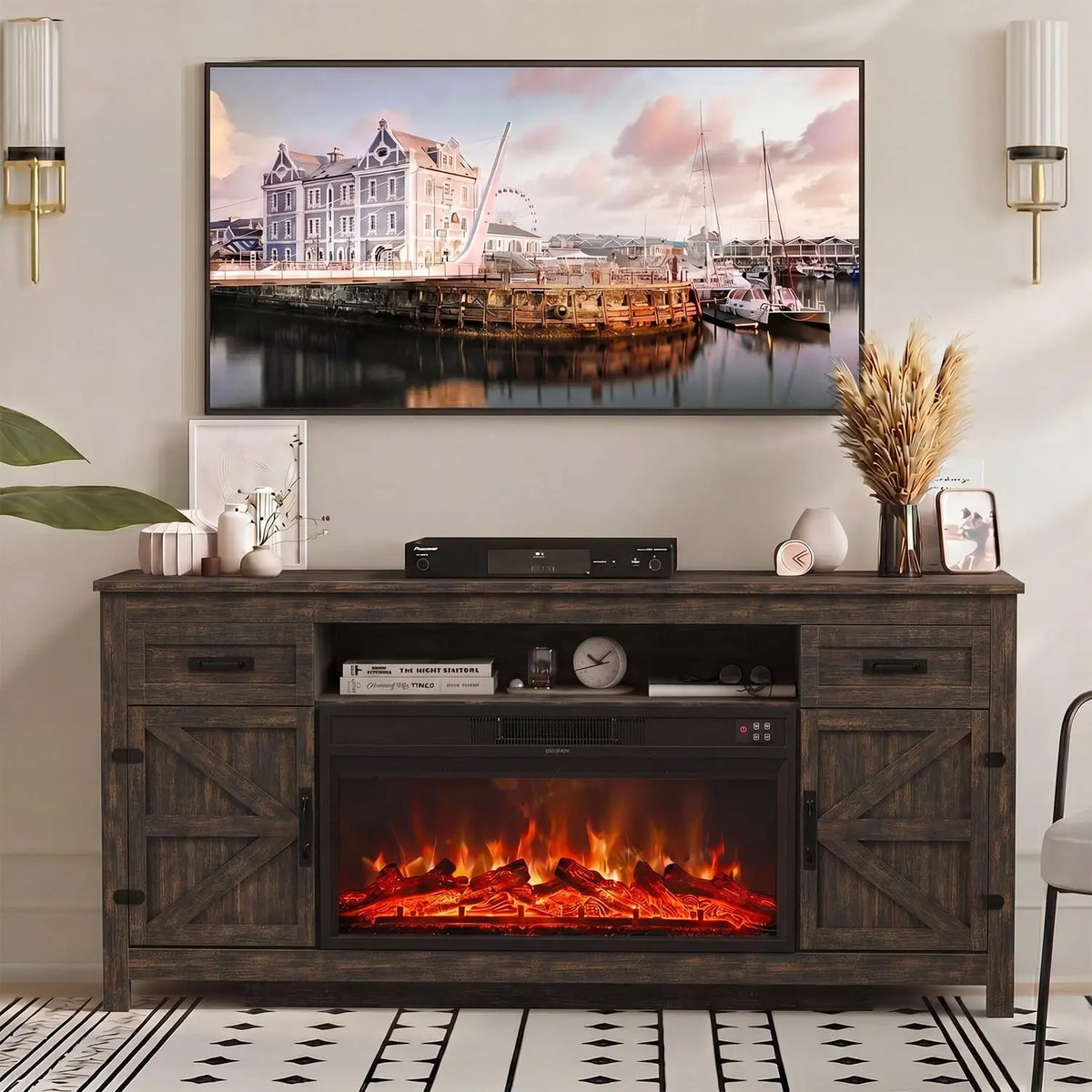 Fireplace TV Stand, 70" Farmhouse TV Stand with Barn Door for 80" TVs, Entertainment Center with Black Fireplace &