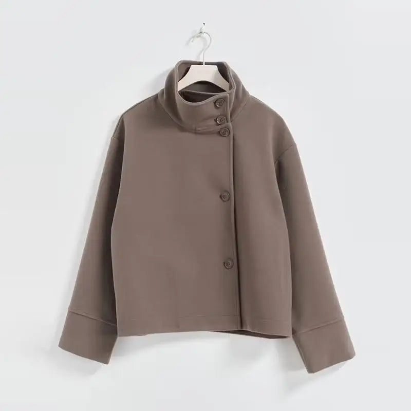 Stand Collar Women Winter Woolen Coat 2025 Spring Single Breasted Loose Female Long Sleeve Jacket Office Lady Street Short Coats