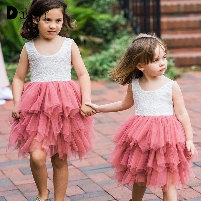 Flower Girl Bridesmaid Dresses Little Girl Layered Lace Tulle Dress Elegant Festival Princess Dress Sleeveless Clothes