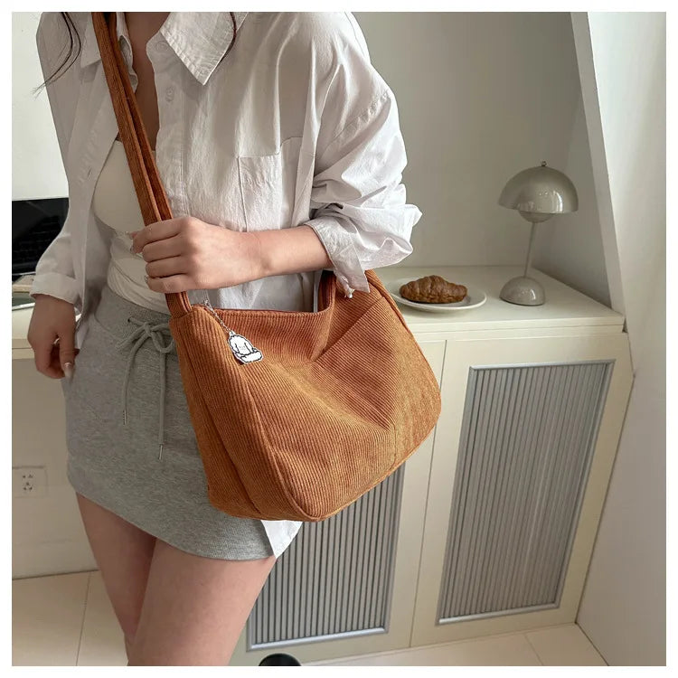 Women’s Corduroy Shoulder Bag, Casual Striped Large Capacity Tote with Zipper Closure, Cute Hat Patch, Perfect for Everyday Use