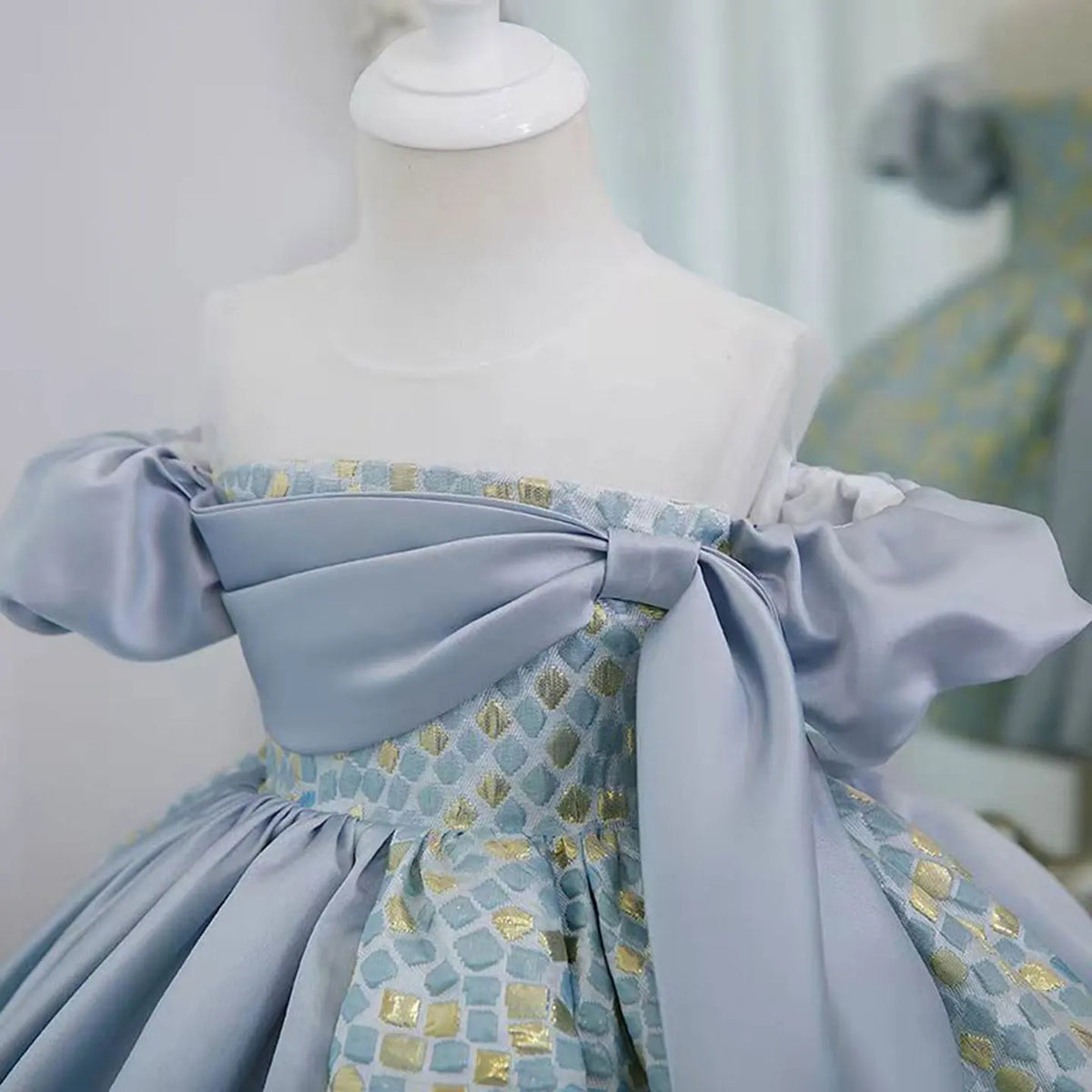 Dreamy Vow J774 Charming Blue Girl Dress With Short Sleeves  for Kids 1st Toddler Birthday Evening Party Knee Length Ball Gown