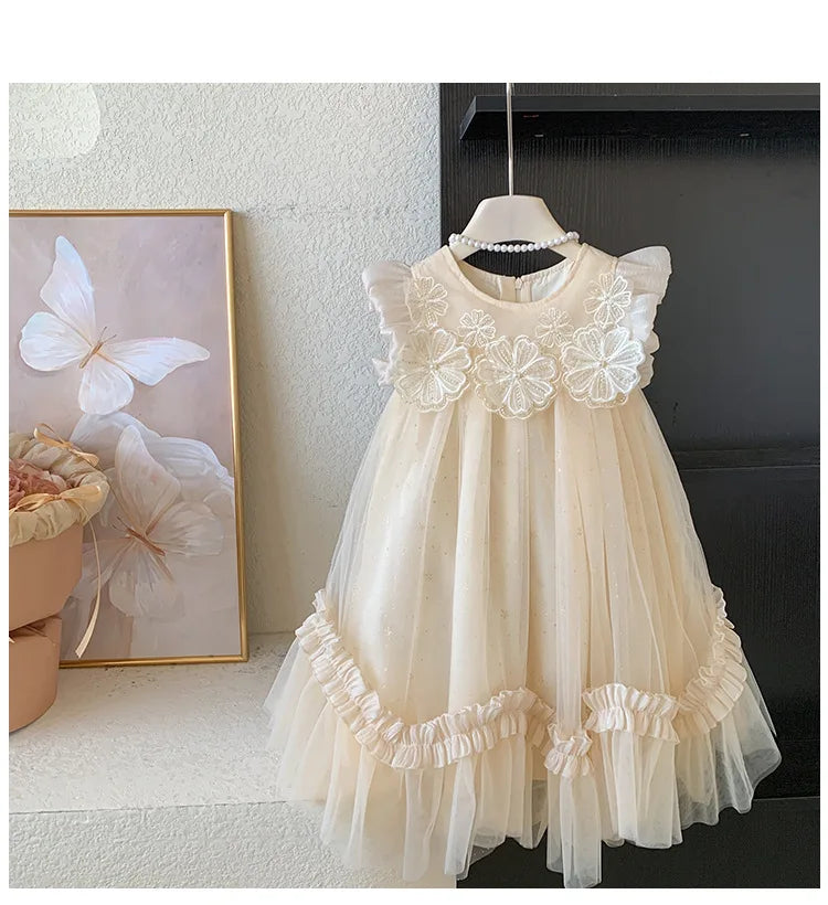 New Summer Kids Girls Lace Tulle Dress Fly Sleeve Ruffle Mesh Princess Gown Wedding Flower Girl Birthday Costume YF900