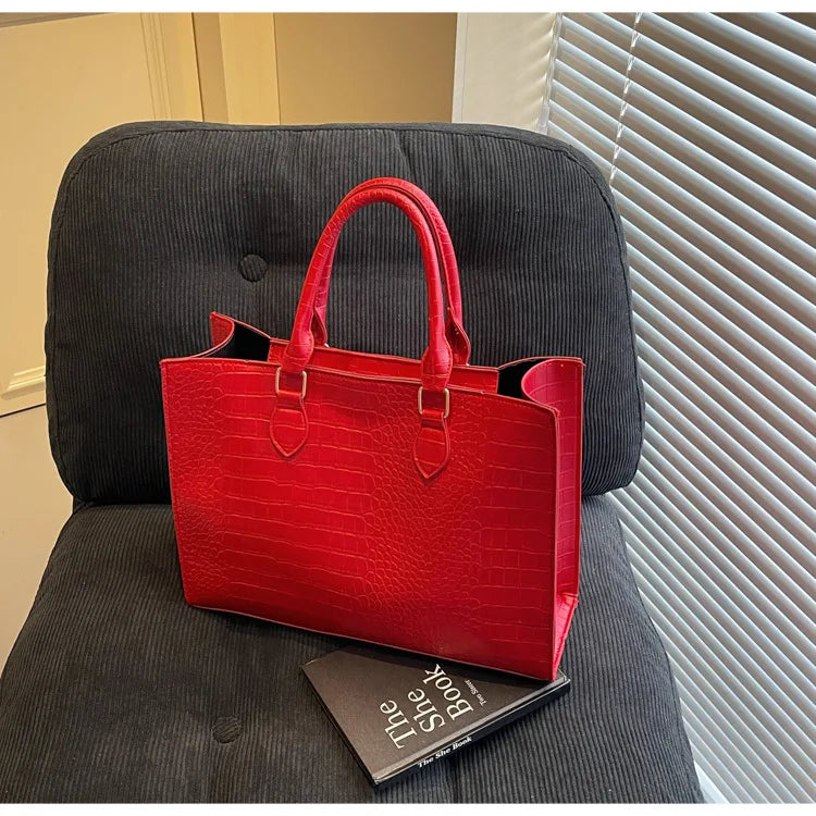 Spring 2025 Large Capacity Fashionable Handbag Casual Commuting Trendy Crocodile Pattern Tote Bag Street Style PU Material