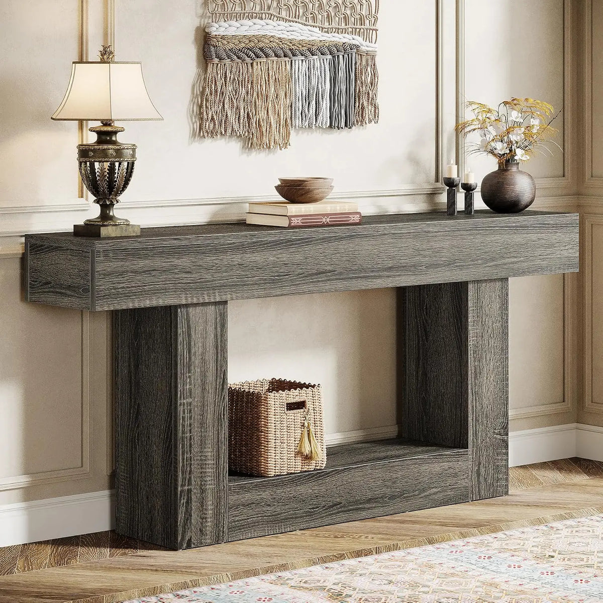63" Farmhouse 2-Tier Console Table with U-Shaped Base, Narrow Long Wood Sofa Table for Entryway Living Room Hallway, Brown & Whi
