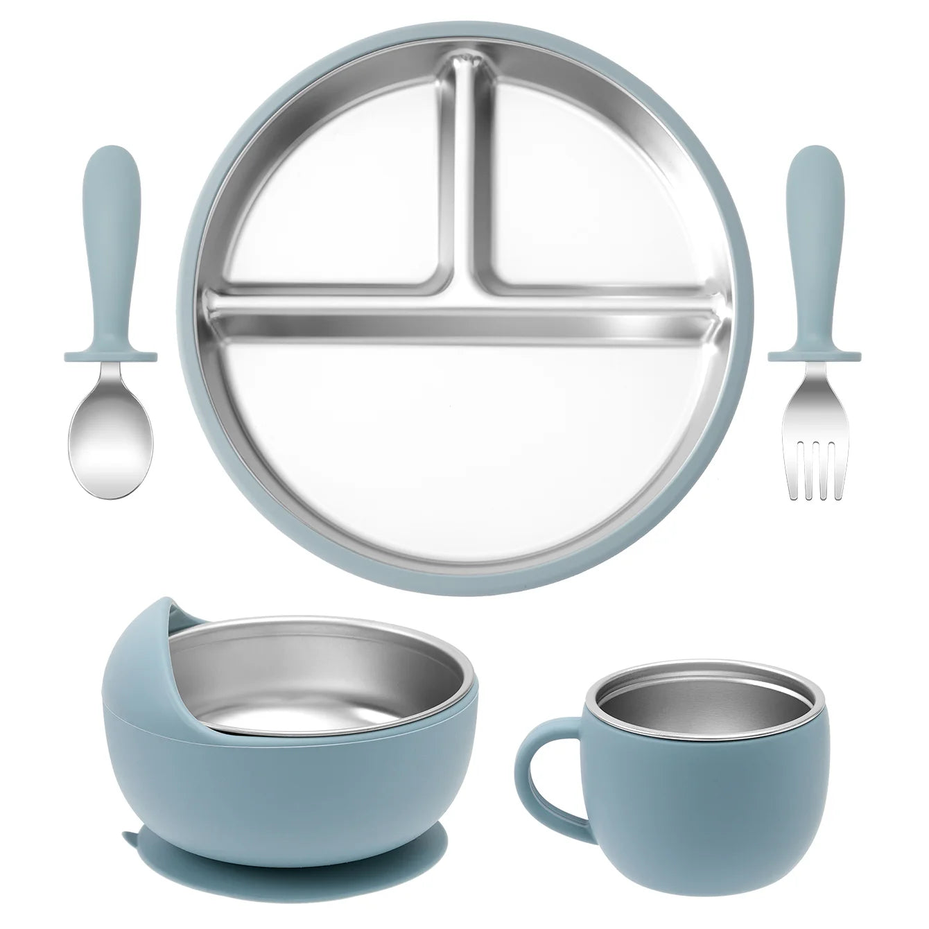 Color Kids Baby Feeding Set 5Pcs Stainless Steel Silicone Tableware For Infants Easy Grip Plates Bowls