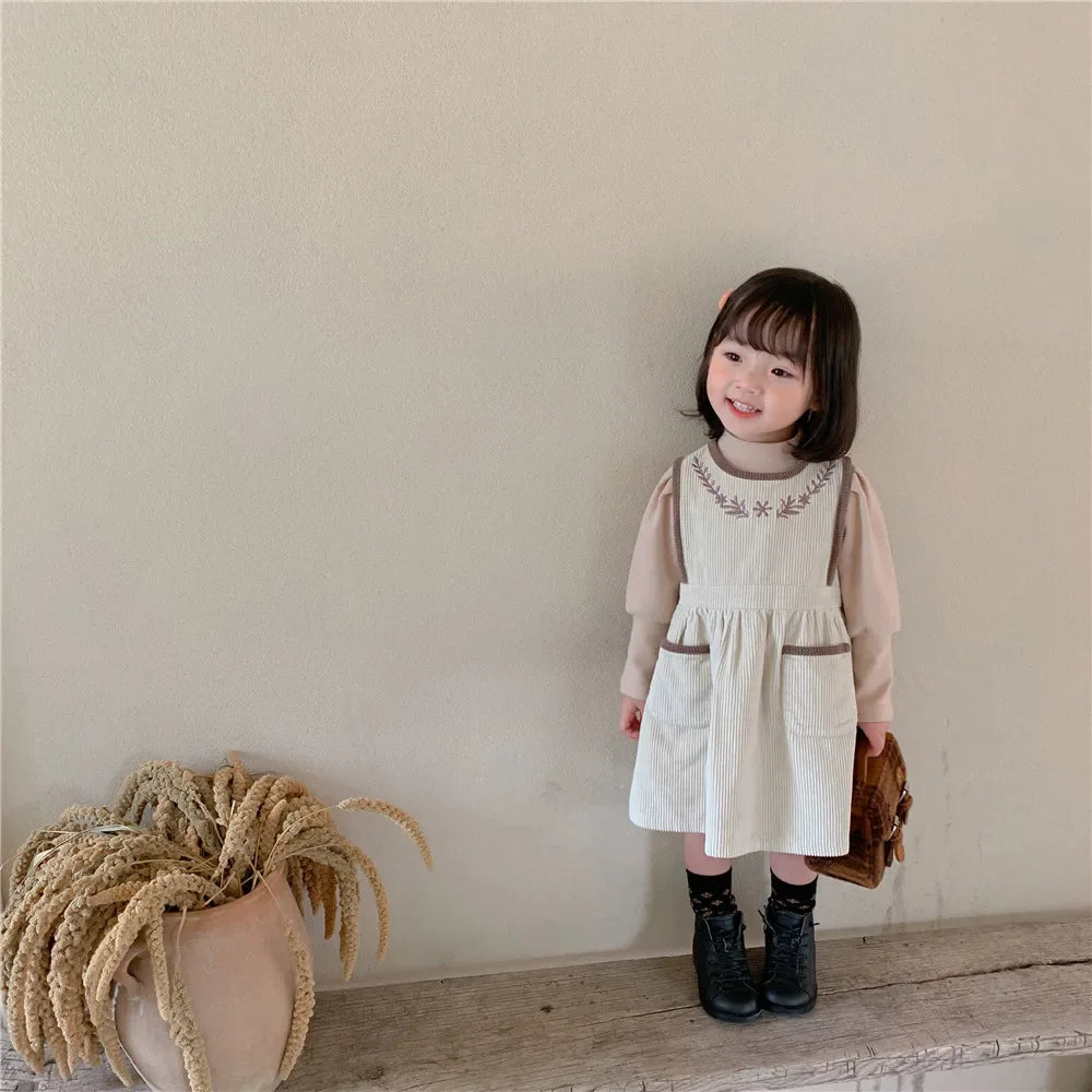 2025 Vinatge Baby Corduroy Sleeveless Dress Little Girls Sundress and Long Sleeve Tops Autumn Winter  Two Piece Set Children