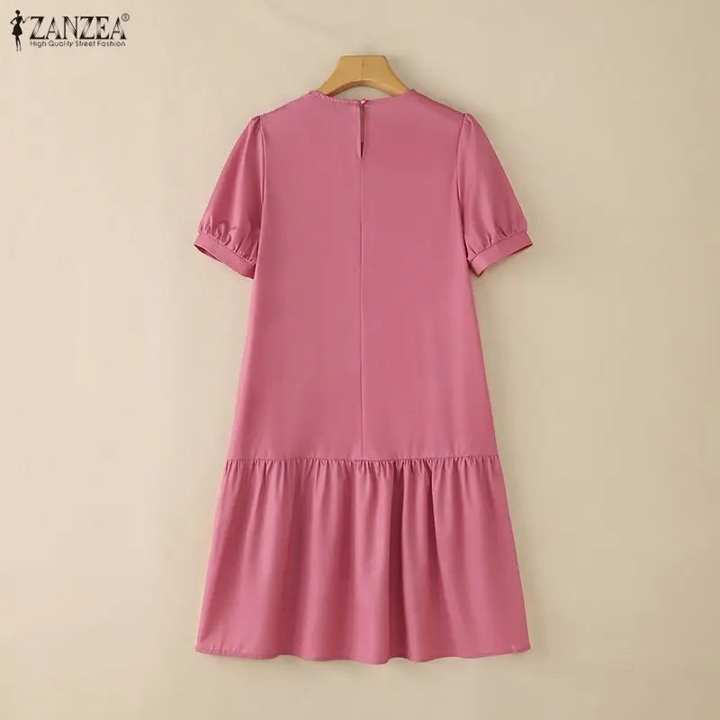 ZANZEA Stylish Floral Printed Dress Summer Women Short Sleeve Ruffled Hem Sundress Casual O-Neck Holiday Beach Knee Length Robe