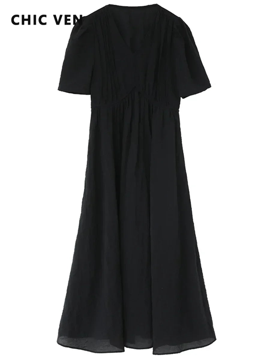 Chic Ven Womens Dress French Style Vintage V Neck Puff Sleeve Long Black Loose Fit For Women Summer