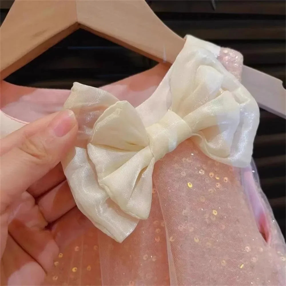 Bear Leader Bow Decoration Pink Girls Dress Summer New Sleeveless Mesh Sequin Princess Dresses Birthday Party Kids Clothes