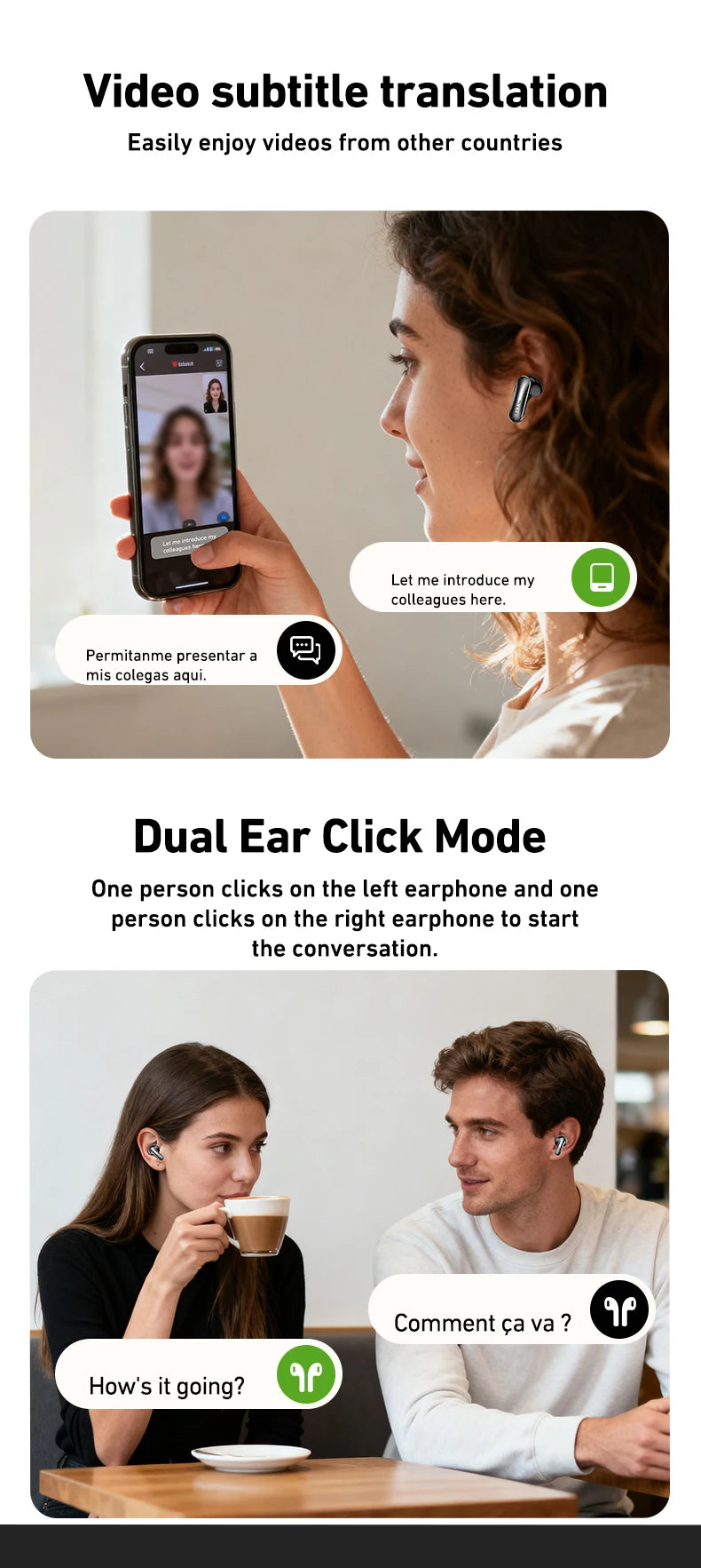 Sliding Cover Bluetooth Headphones Wireless Earbuds 30Hrs Playback Earphones AI Translation Headset Clear Sound Noise Cancelling