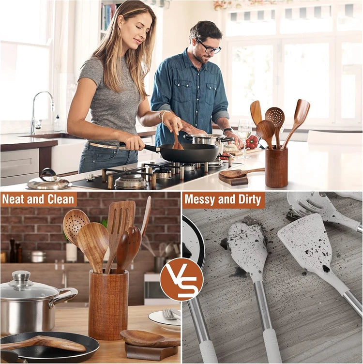 LMETJMA 10 Unidades de Utensilios de Cocina de Madera de Teca Natural, Juego de Cucharas y Espátulas de Madera para Cocinar y Hornear JT503