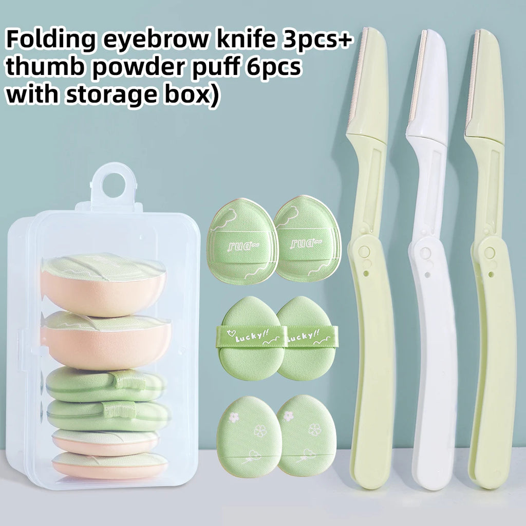 3 Eyebrow Knives +6 Finger Powder Puff + Storage Box, Beauty Tool Set, Foundation Concealer, and Eyebrow Shaving.