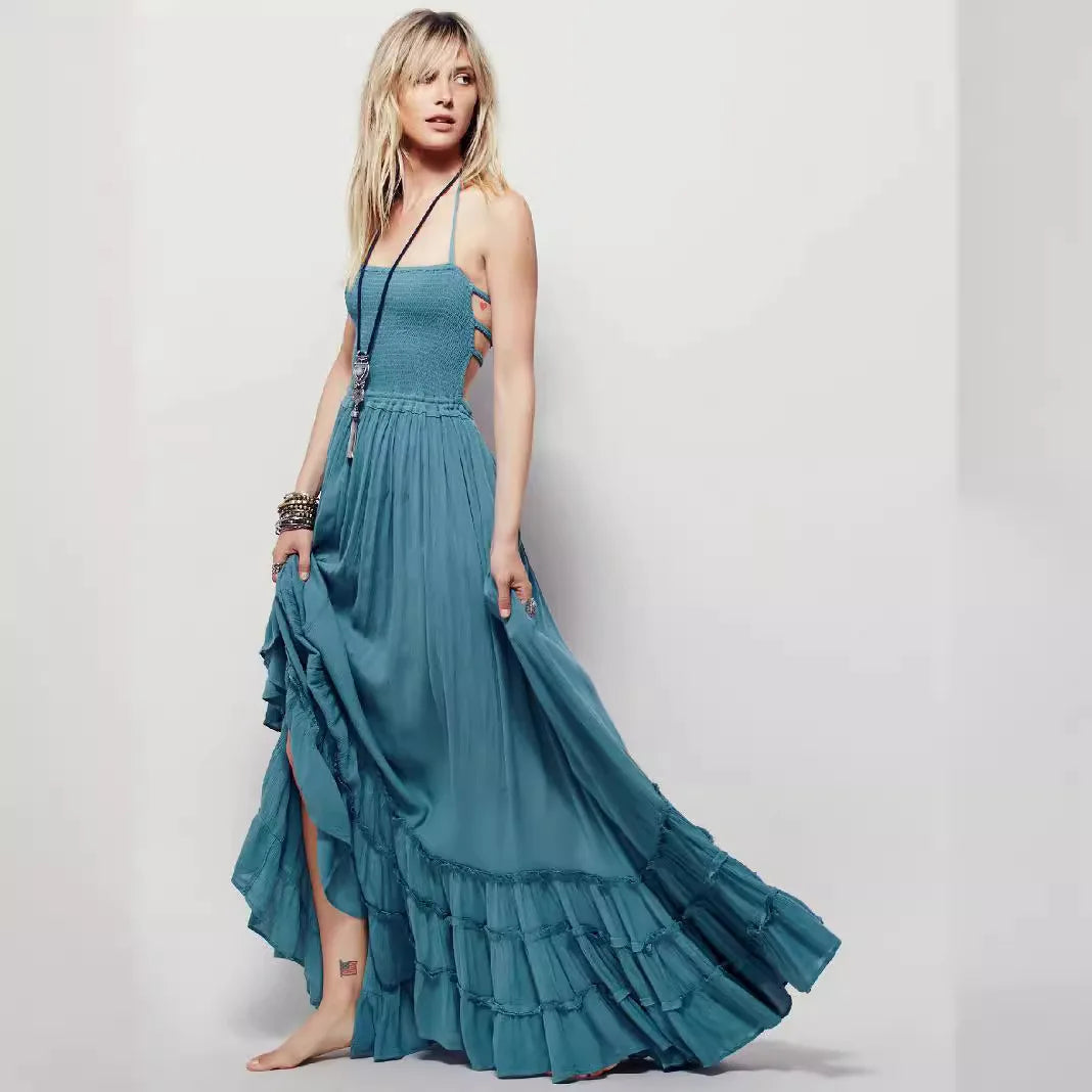 Bohemian Backless Beach Long Dress Cotton Women's Clothing Wish Hot Sell Street Style Hip Hop Trendy Globalization Dress