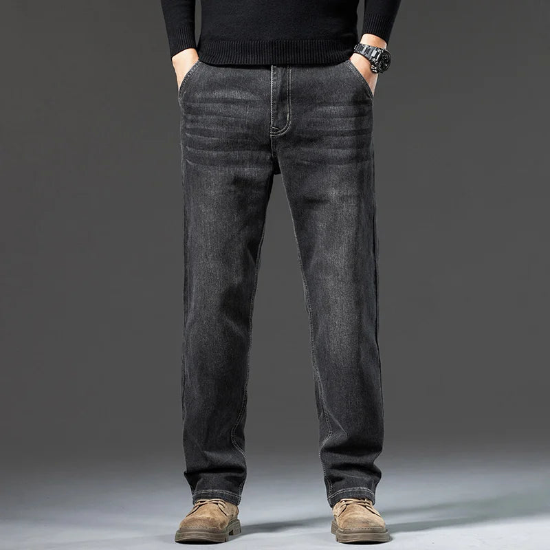 Men'S Loose Straight Leg Jeans Retro Washed Elastic Casual Pants Suitable For All Seasons Versatile Pants