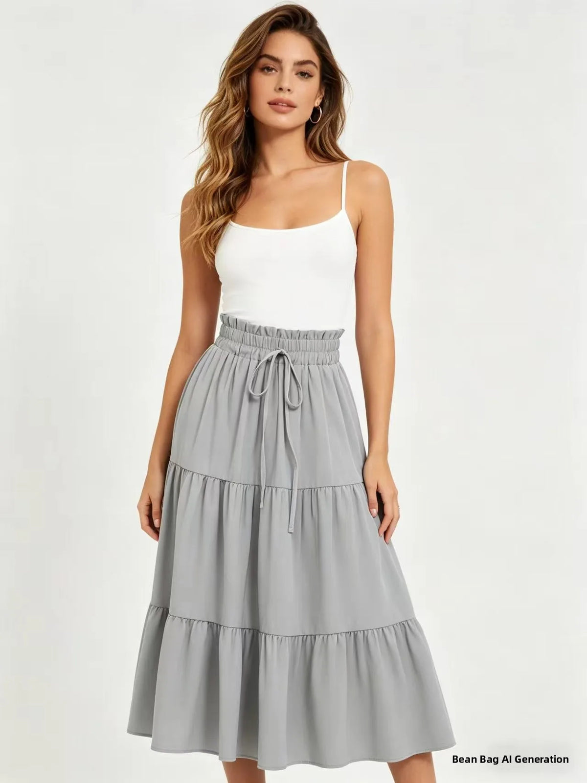 Elegant High Waist A-Line Midi Skirt with Drawstring Pure Color Women's Fashionable Versatile Half-length Skirt for Casual Tr...
