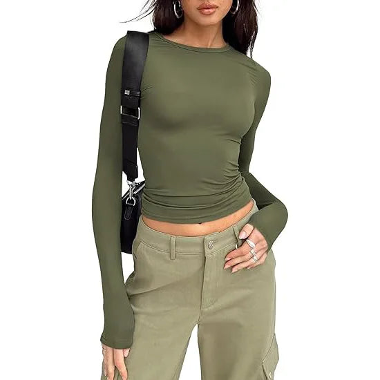 1pcs Woman Clothing Long Sleeve T-shirt Slim Fit Top Female O-Neck Knitted Sheath Tee Shirt Street Wear Sexy Sport Solid Tshirt