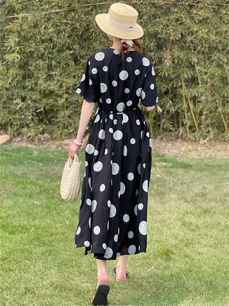 Summer Cotton Vintage Casual Loose Black Dresses For Women Short Sleeve Polka Dot Dress Femme Robe Vestidos Elegant Long Clothes