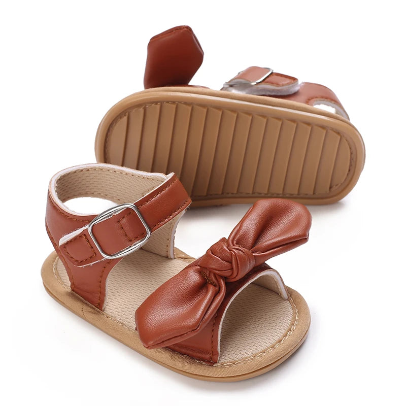 Brown Summer 0-18M Newborn Sandals Cute Bow Soft Rubber Sole Anti Slip Breathable Baby's First Pair Of Walking Shoes