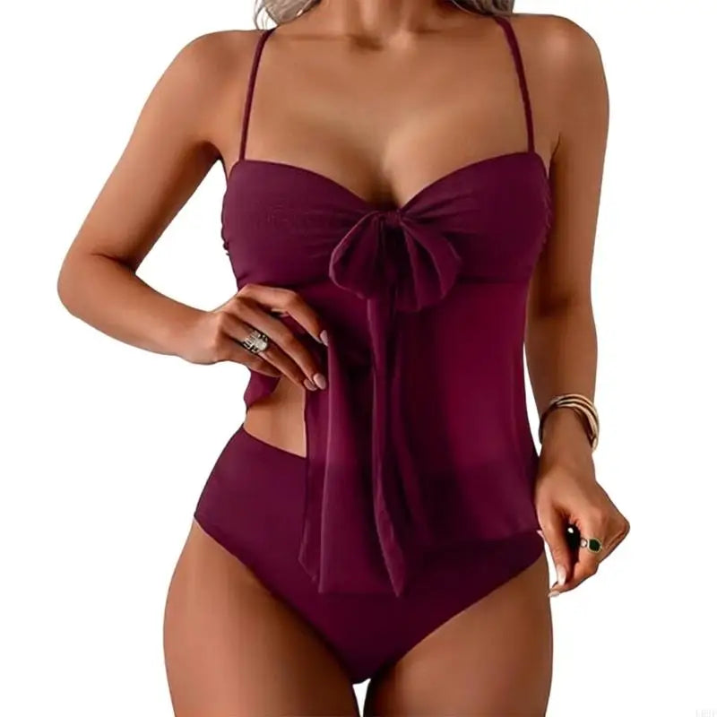 Women Two Piece Sheer Tankini Bathing Suit High Waist Swimwears with Adjustable Sheer Tie for Swimming Beach Volleyballs