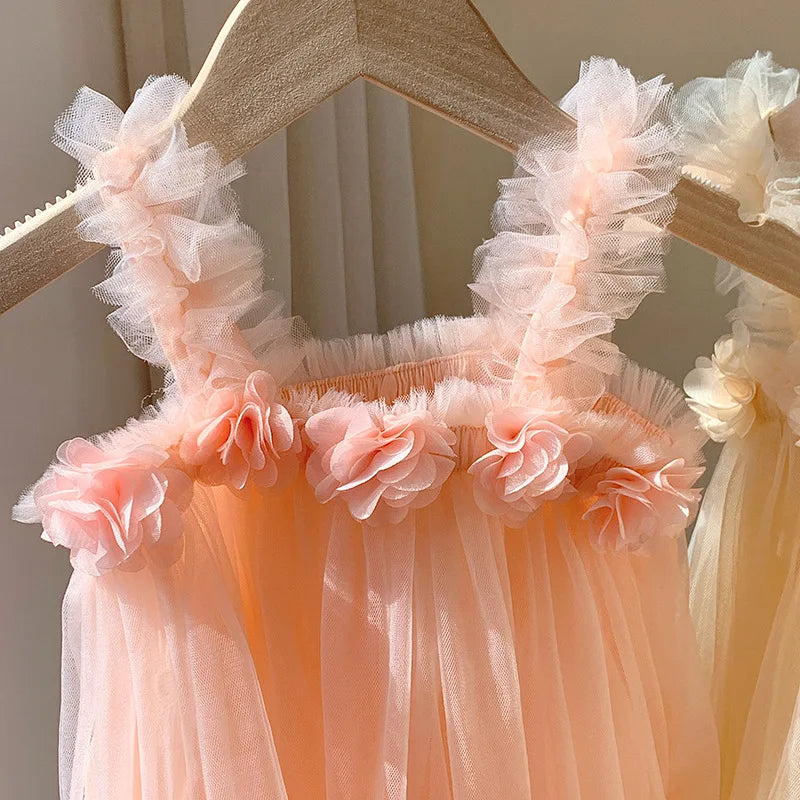Kids Sweet Mesh Dress 1-6T Summer Children Mesh Tulle Princess Slip Tutu Dresses Girls 6 Colors 3D Flower Mermaid Birthday Dress
