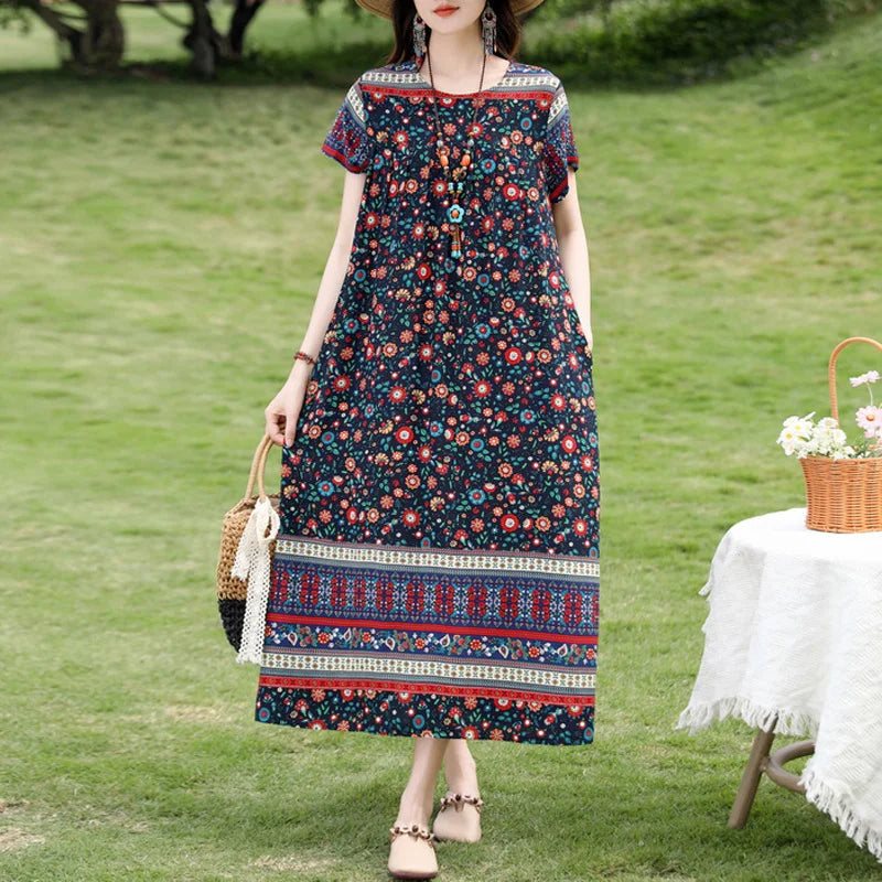 New Fashion Casual 2025 Summer Elegant Dresses For Women O-Neck Print Vintage Short Sleeve Dress Loose Women Clothing