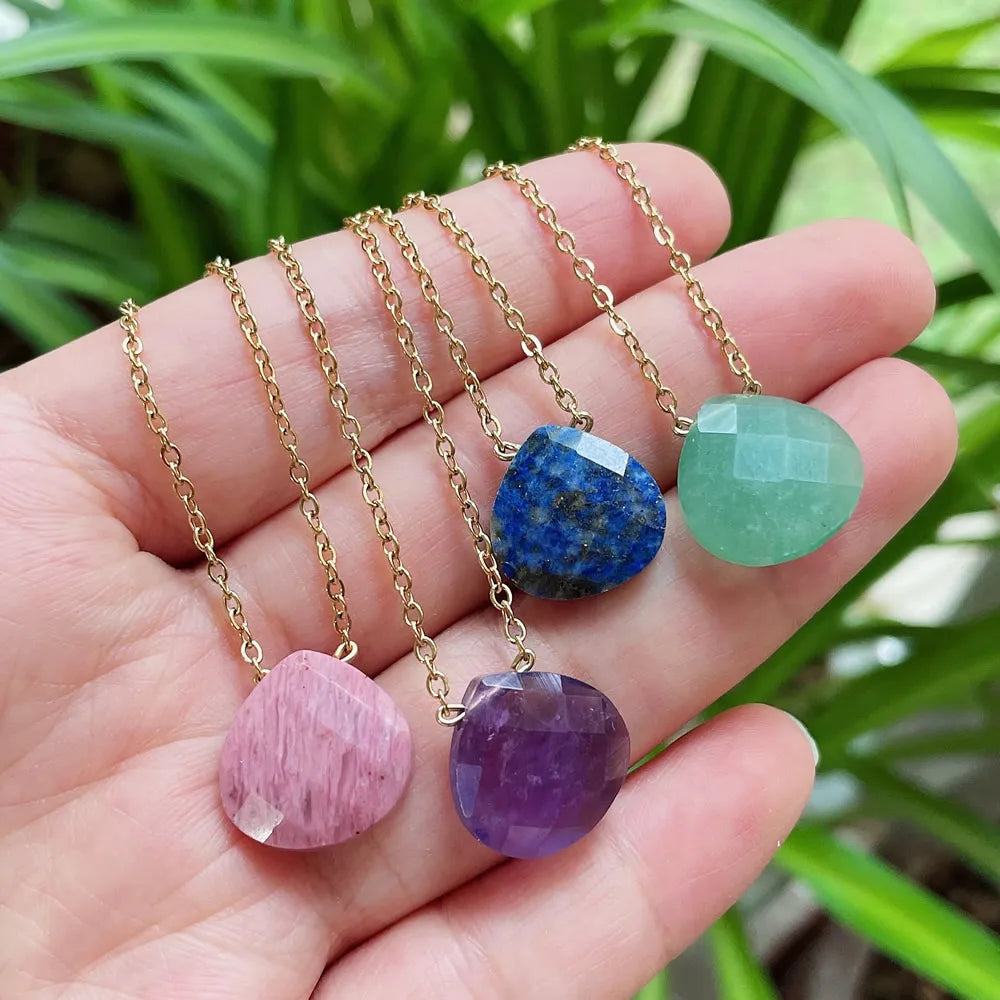 Korean Natural Crystal Pendant Necklace for Women Triangle Water Drop Real Amethysts Roses Quartz Steel Chain Crystal Necklace