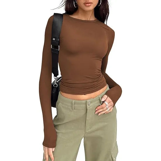 1pcs Woman Clothing Long Sleeve T-shirt Slim Fit Top Female O-Neck Knitted Sheath Tee Shirt Street Wear Sexy Sport Solid Tshirt