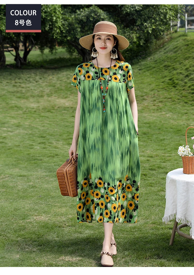 New Fashion Casual 2025 Summer Elegant Dresses For Women O-Neck Print Vintage Short Sleeve Dress Loose Women Clothing