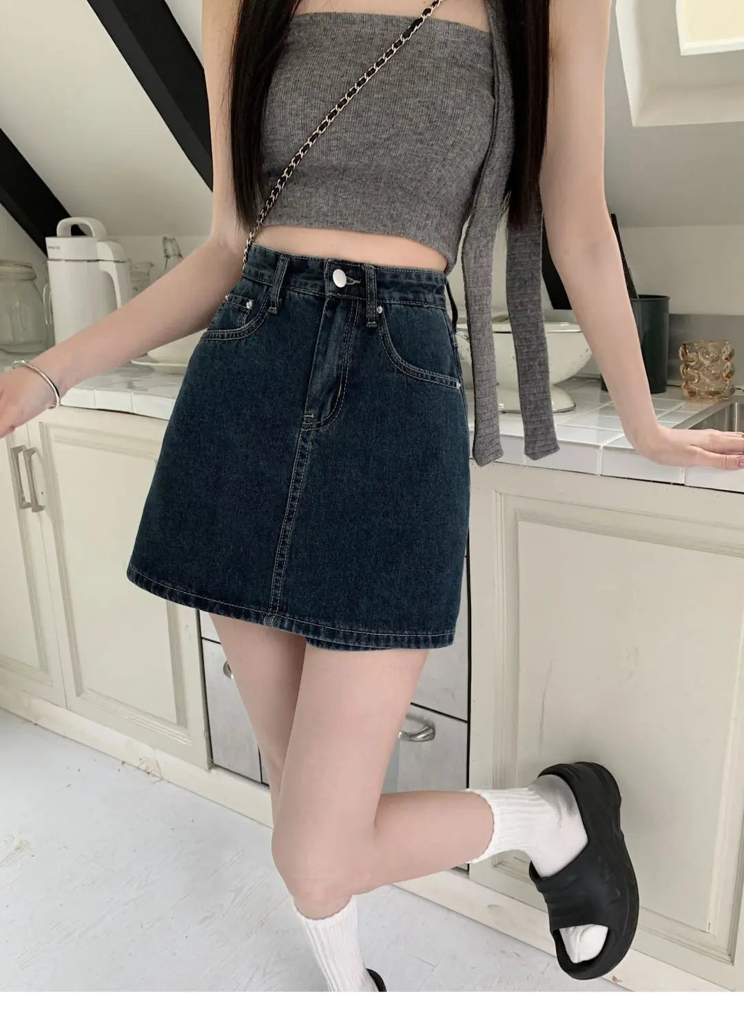 Women's Y2K High-Waist Mini Skirt Deep Blue Denim Spring Summer Slimming Flattering Wrap Around Skirt for Full Coverage