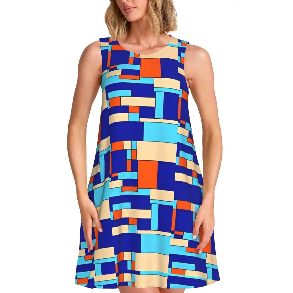 80s Color Block Print Dress Modern Dresses Female Sleeveless Street Fashion Tank Dress Day Print Oversized Vestidos
