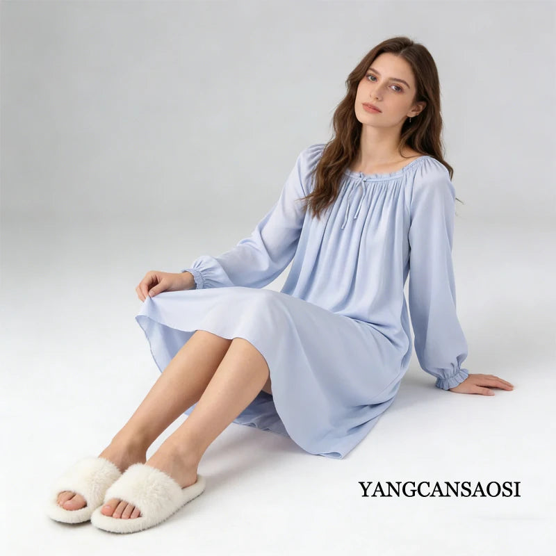 Women's Spring/Summer New 92% Natural Mulberry Silk Elastic Satin Solid Loose Sweet Wind Long Sleeve Home Clothes Nightdress
