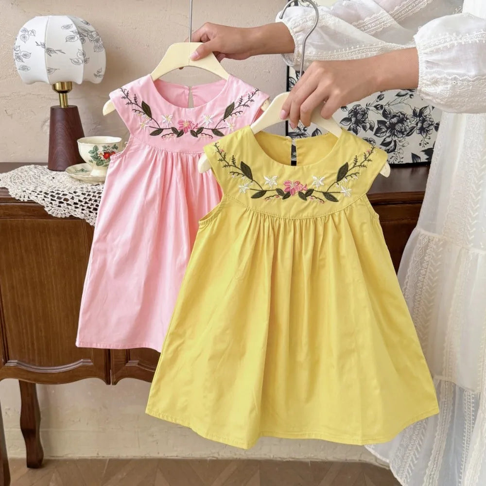 2 To 7 Years Old Flower Embroidery Princess Dress for Girls Summer New Korean Version Sleeveless Children's Casual Dresses