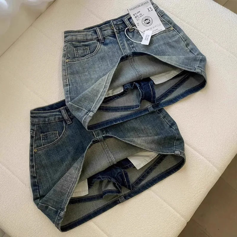 Sexy Retro High Waist Denim  Skirt Women's Anti-Light Versatile Slimming American Hot Girl f-length Summer Skirt