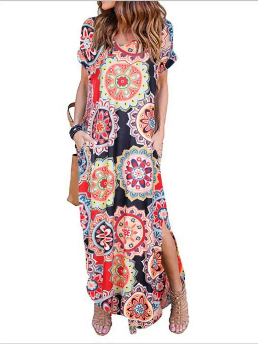 Pure Color Splice Short Sleeve V-Neck Slit Long Dress Loose Fit Women's Summer Cotton Polyester Maxi Dress Citywalk