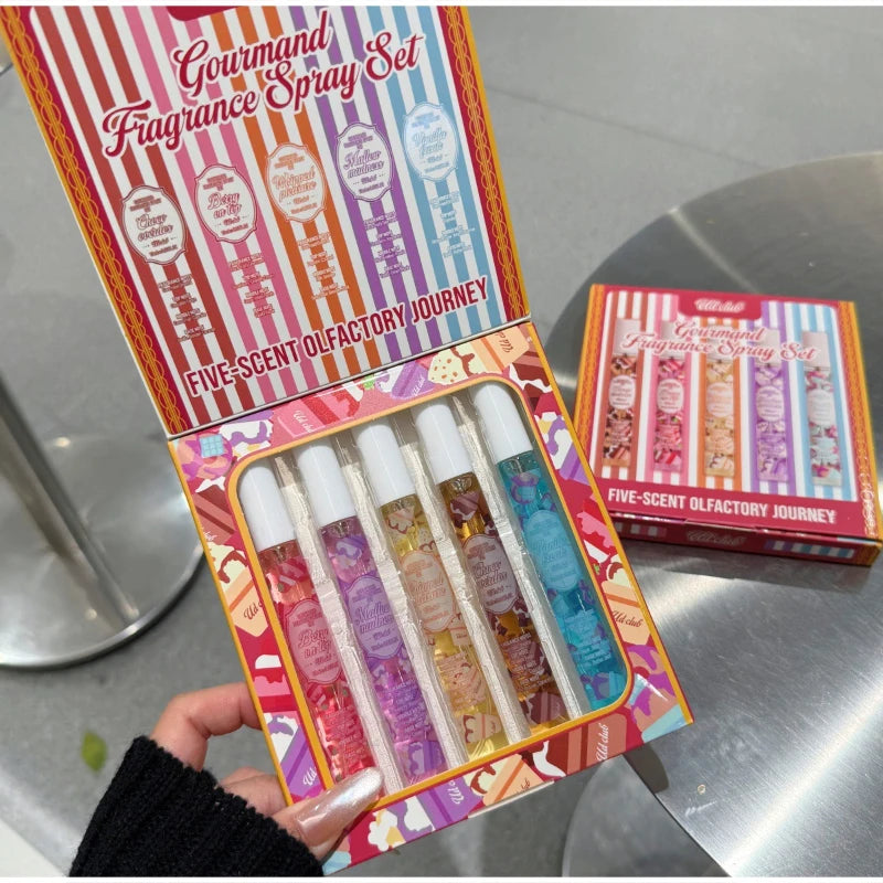5pcs Gourmand Perfum Set Long Lasting Sweet Vanilla Cake Scent Mini Portable Fragrance Spray Set For Women