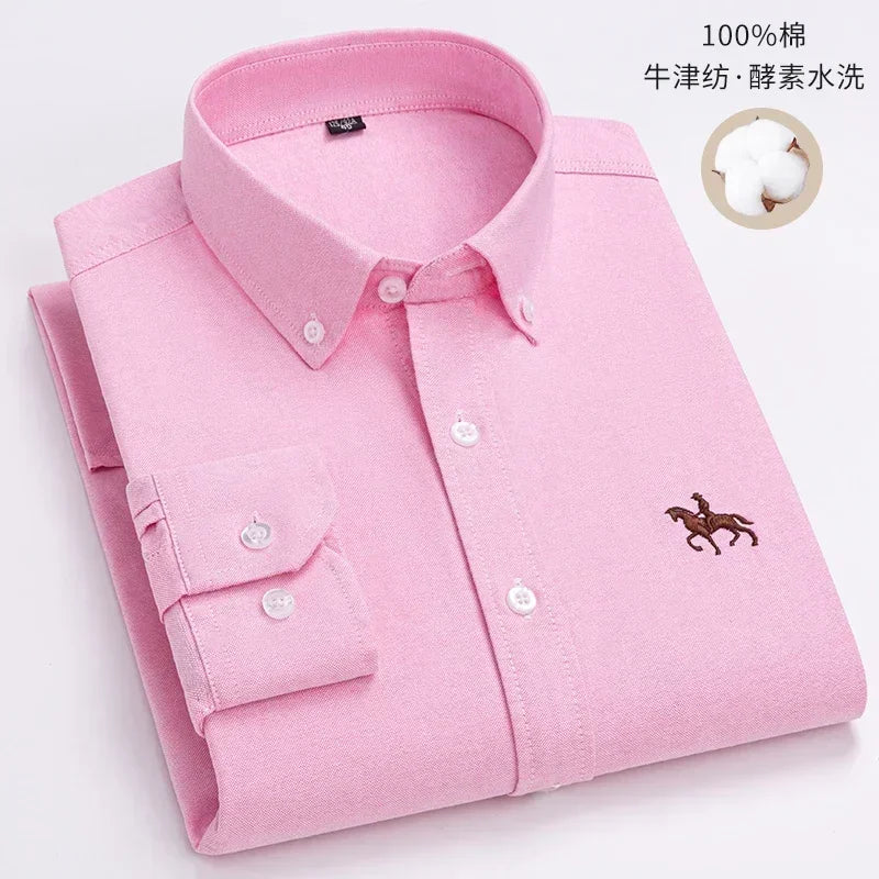 Premium Pure Cotton Oxford Shirt For Men Long Sleeve With Embroidered Horse Design Regular Fit White Dress Shirt