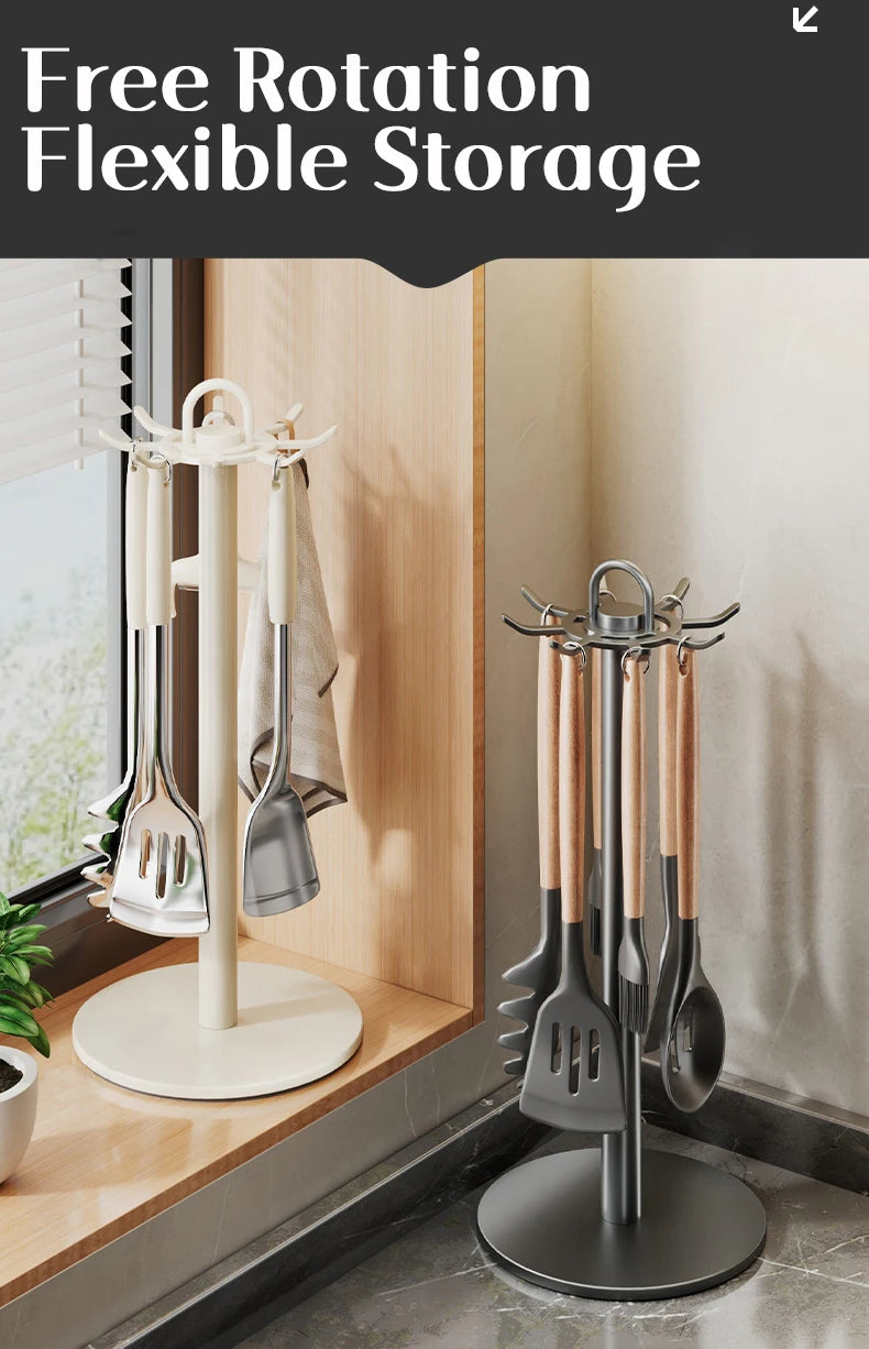 Soporte para utensilios de cocina: colgador de almacenamiento giratorio con 8 ganchos, para organización de encimeras, soporte giratorio para utensilios de cocina