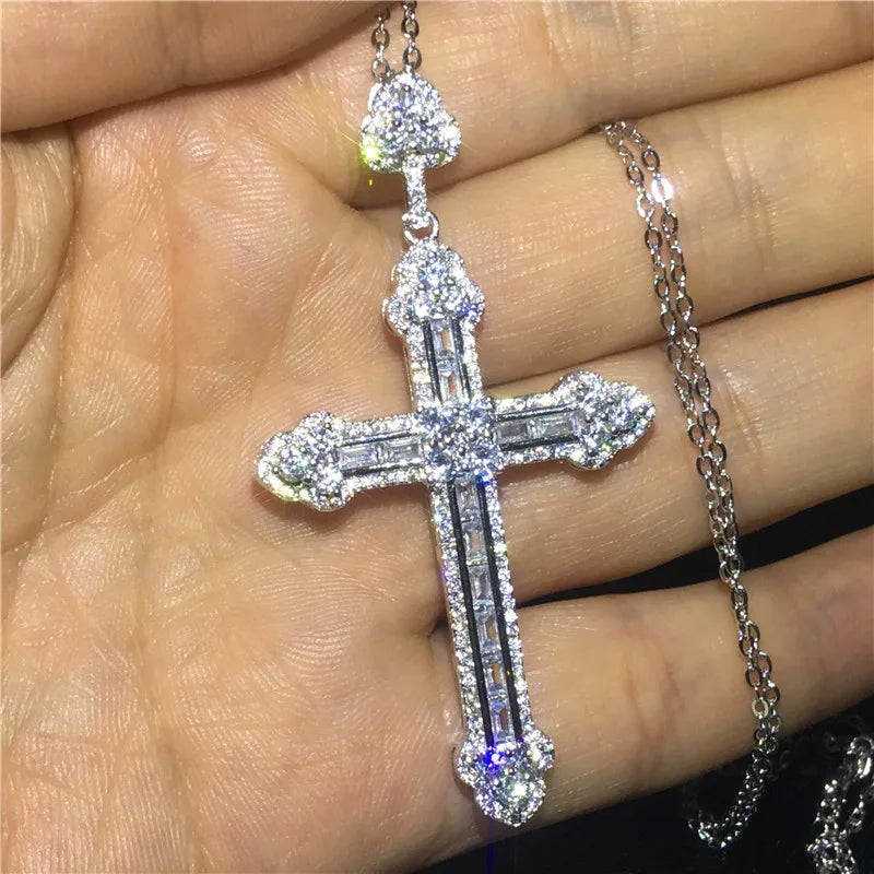Vintage Big Cross Pendant Lab Diamond 925 Sterling Silver Cross Pendant Necklace For Women'S Men Wedding Jewelry