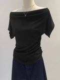 Summer One Shoulder Black Women's T-shirt Short Sleeve Korean Style Slimming Top Exposed Shoulder Fashionable