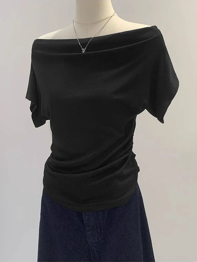 Summer One Shoulder Black Women's T-shirt Short Sleeve Korean Style Slimming Top Exposed Shoulder Fashionable