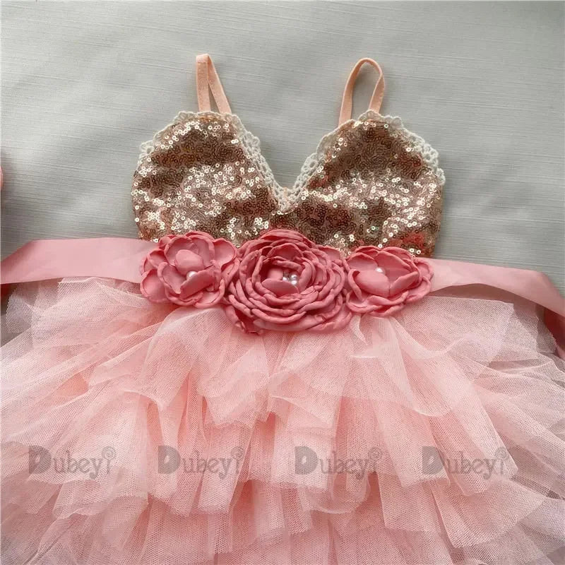 New Born Baby Girls Birthday Dress for Kids Xmas Toddle Party Gown Gold Sequined Layered Tutu Dress Children New Year Clothing