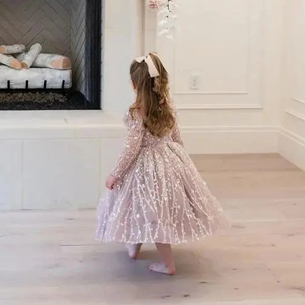 Custom Pink Tulle Flower Girl Dress Lace Appliques Wedding Party Gown Princess First Communion Ball Dresses for Kids