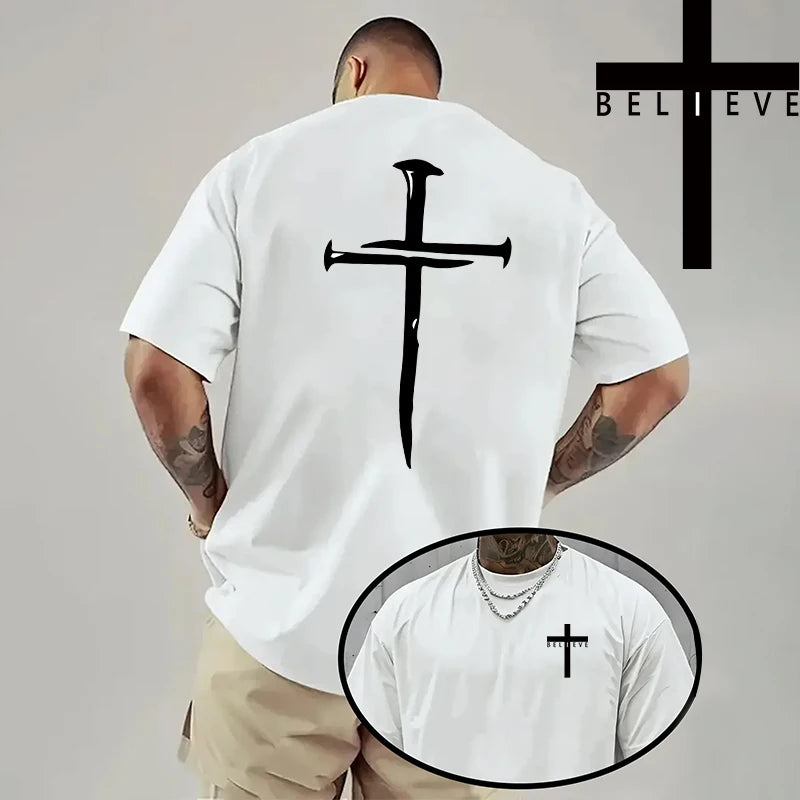 Spring Summer Daily Casual Fashion Jesus Cross Cotton Tees Christ Print T-shirt Men High Quality Pure Color Short Sleeve Top
