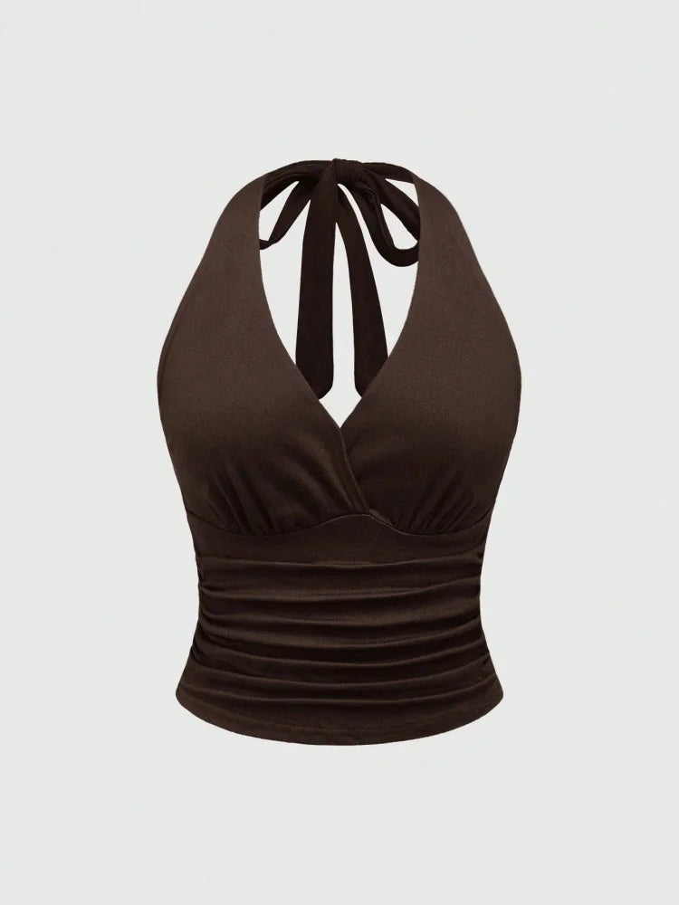 Leopard Printed V-neck Backless Halter Crop Top for Women Summer Sexy Y2K Sleeveless Ruched Top Streetwear
