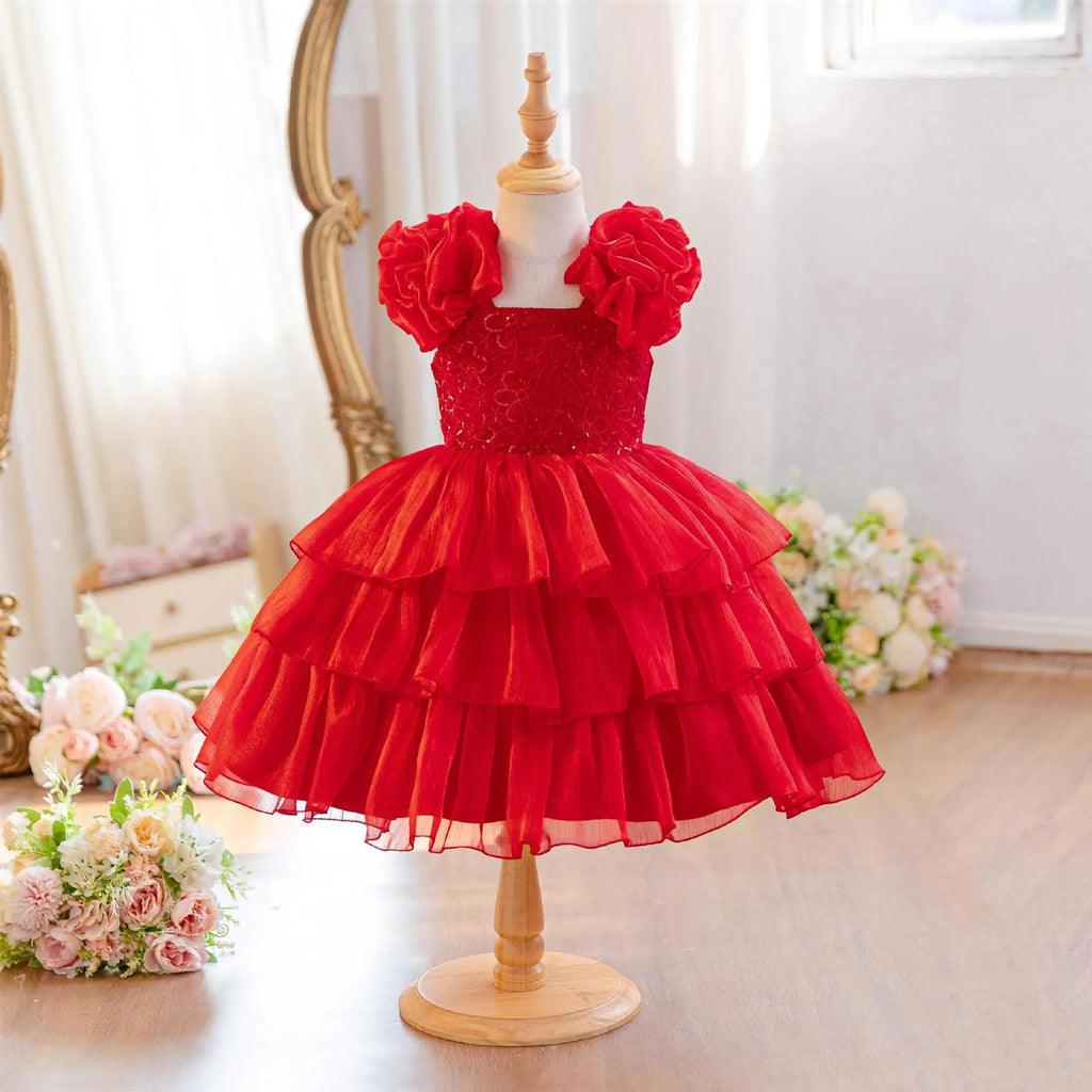 HETISO Baby Girls Summer New Version Layered Dresses Children's One Year Princess Sequined Pink Wedding Party Ball Gown 1-5Y