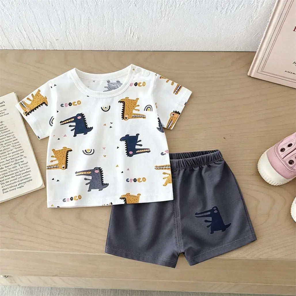 Boys Cartoon Outfit Set 2 Piece Short Sleeve Tee And Shorts Cute Summer Wear For Kids