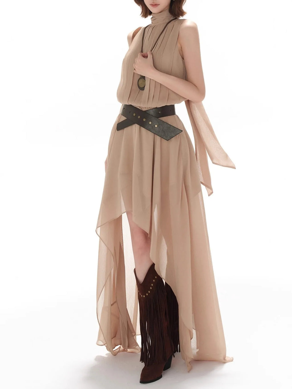 Elegant Casual Sleeveless Chiffon Vest Dress Original Design Long Skirt Drifting Hemline Polyester Fabric Shirt Pattern Stitc...